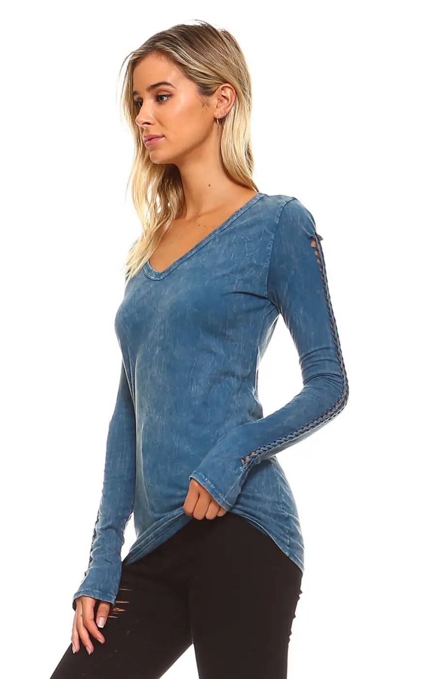 Braided Long Sleeve Mineral Washed Top Teal Blue Made in USA