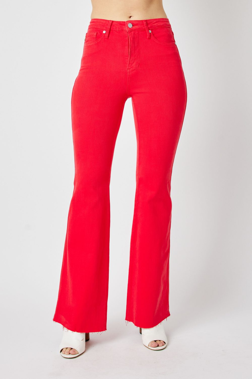 Tummy Control Judy Blue Red Garment Dyed Flare High Rise Jean