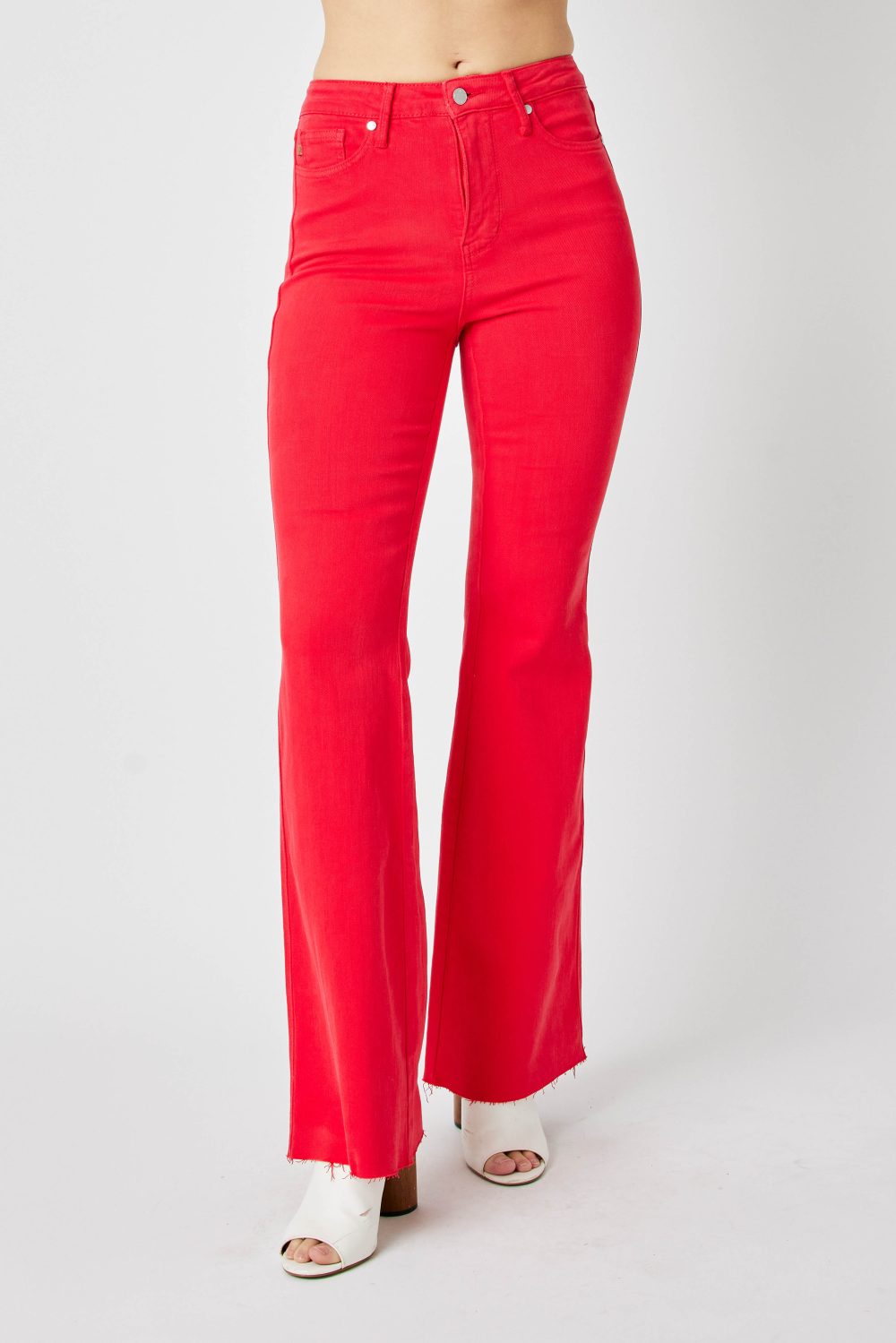 Tummy Control Judy Blue Red Garment Dyed Flare High Rise Jean - Image 11