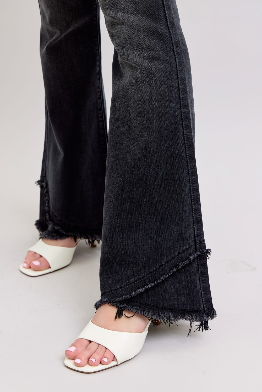 High Waisted Judy Blue Flare Jean with Mock Fray Tulip Hem Black - Image 11