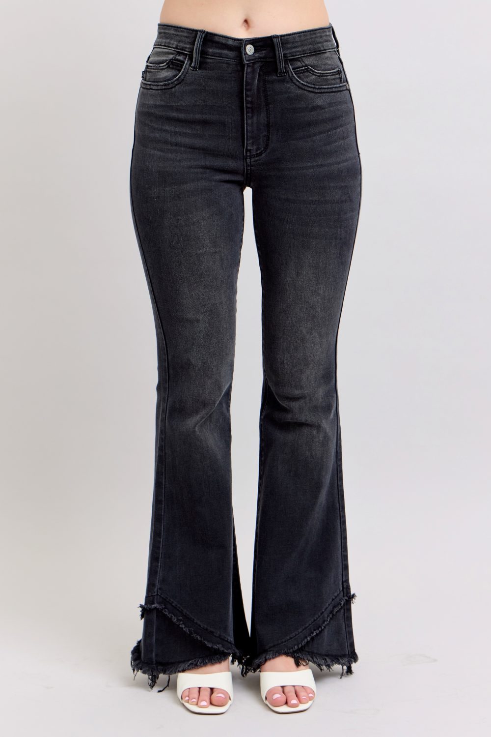 High Waisted Judy Blue Flare Jean with Mock Fray Tulip Hem Black - Image 8