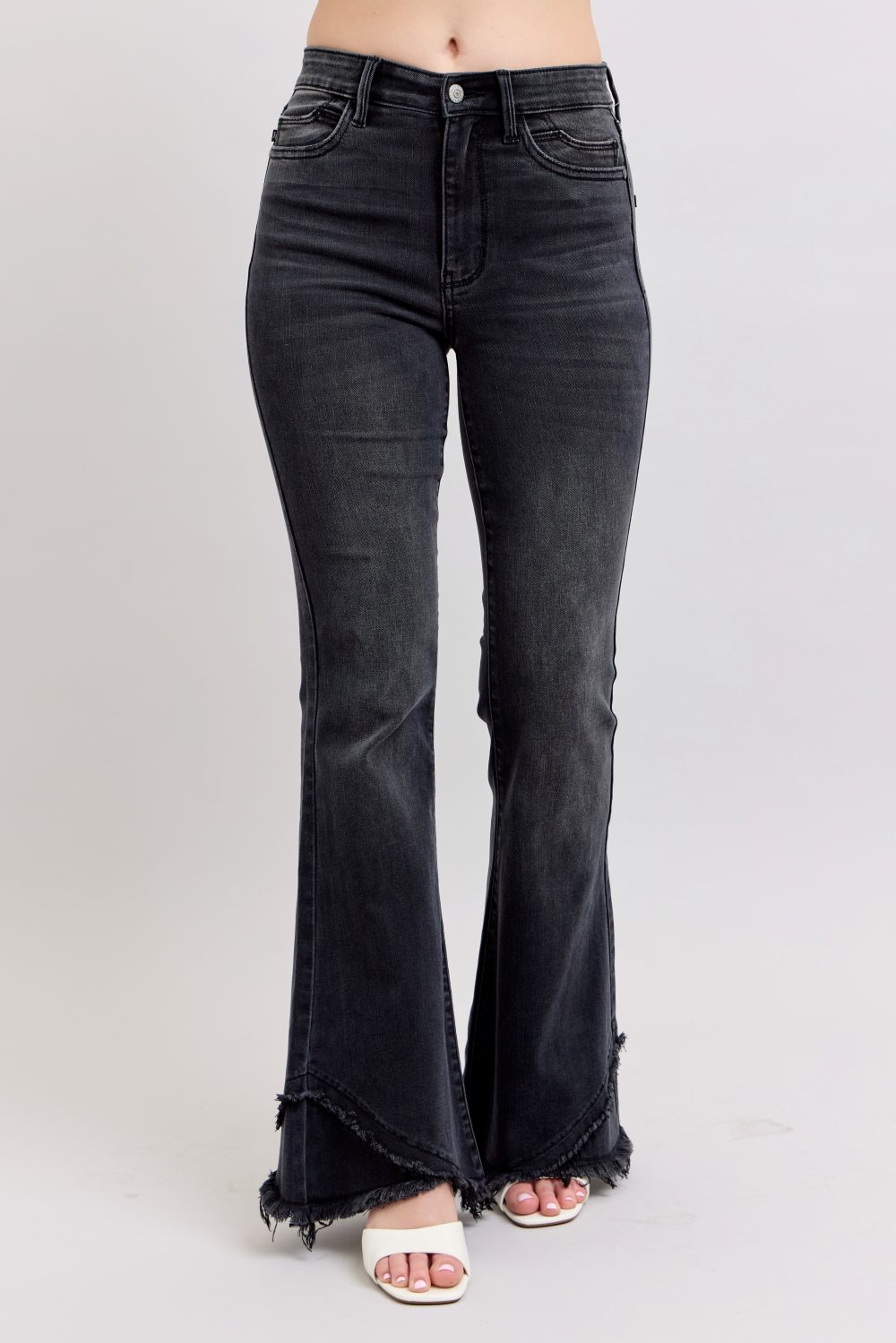 High Waisted Judy Blue Flare Jean with Mock Fray Tulip Hem Black