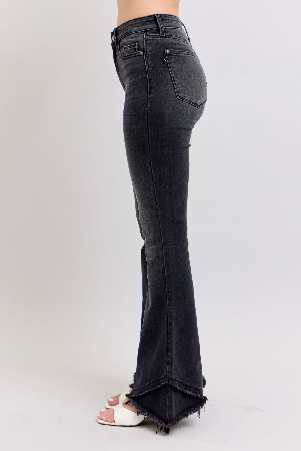 High Waisted Judy Blue Flare Jean with Mock Fray Tulip Hem Black - Image 7