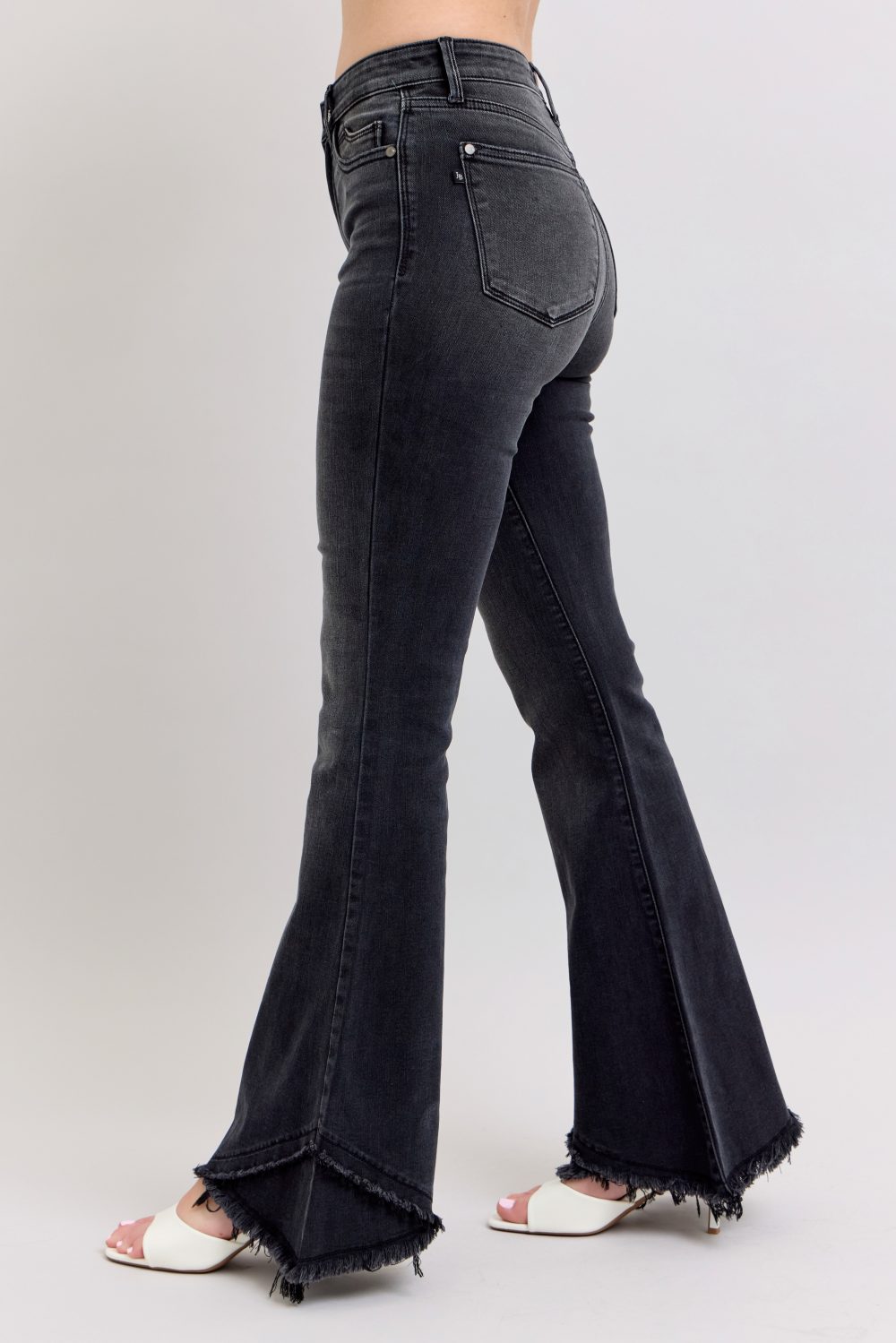 High Waisted Judy Blue Flare Jean with Mock Fray Tulip Hem Black - Image 6