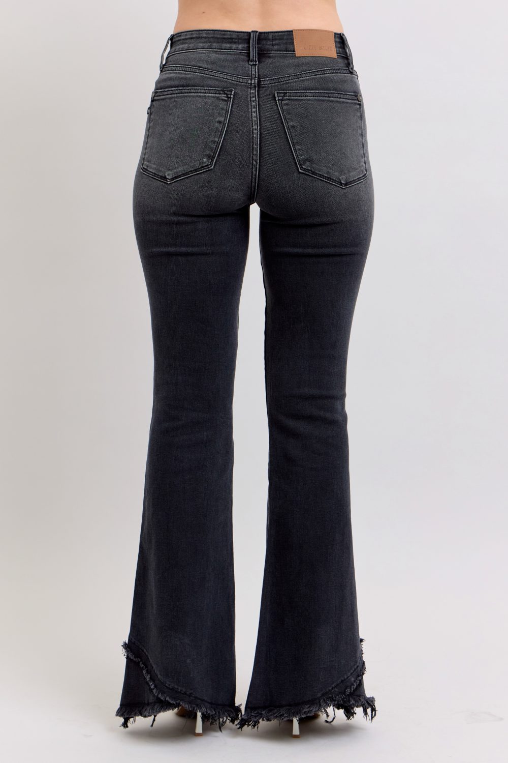 High Waisted Judy Blue Flare Jean with Mock Fray Tulip Hem Black - Image 5