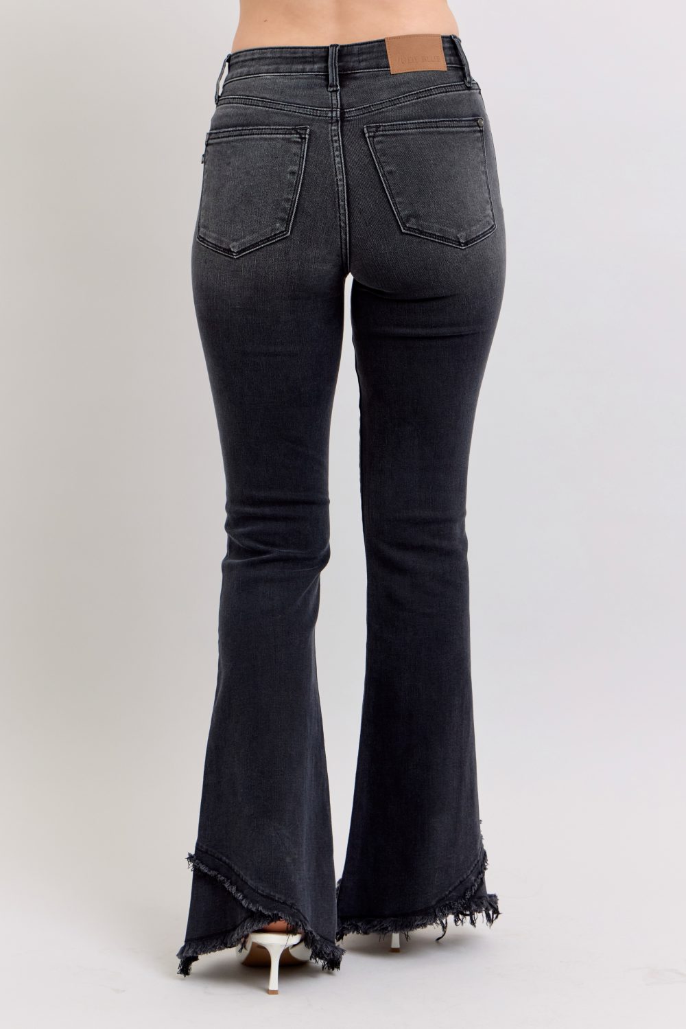 High Waisted Judy Blue Flare Jean with Mock Fray Tulip Hem Black - Image 4
