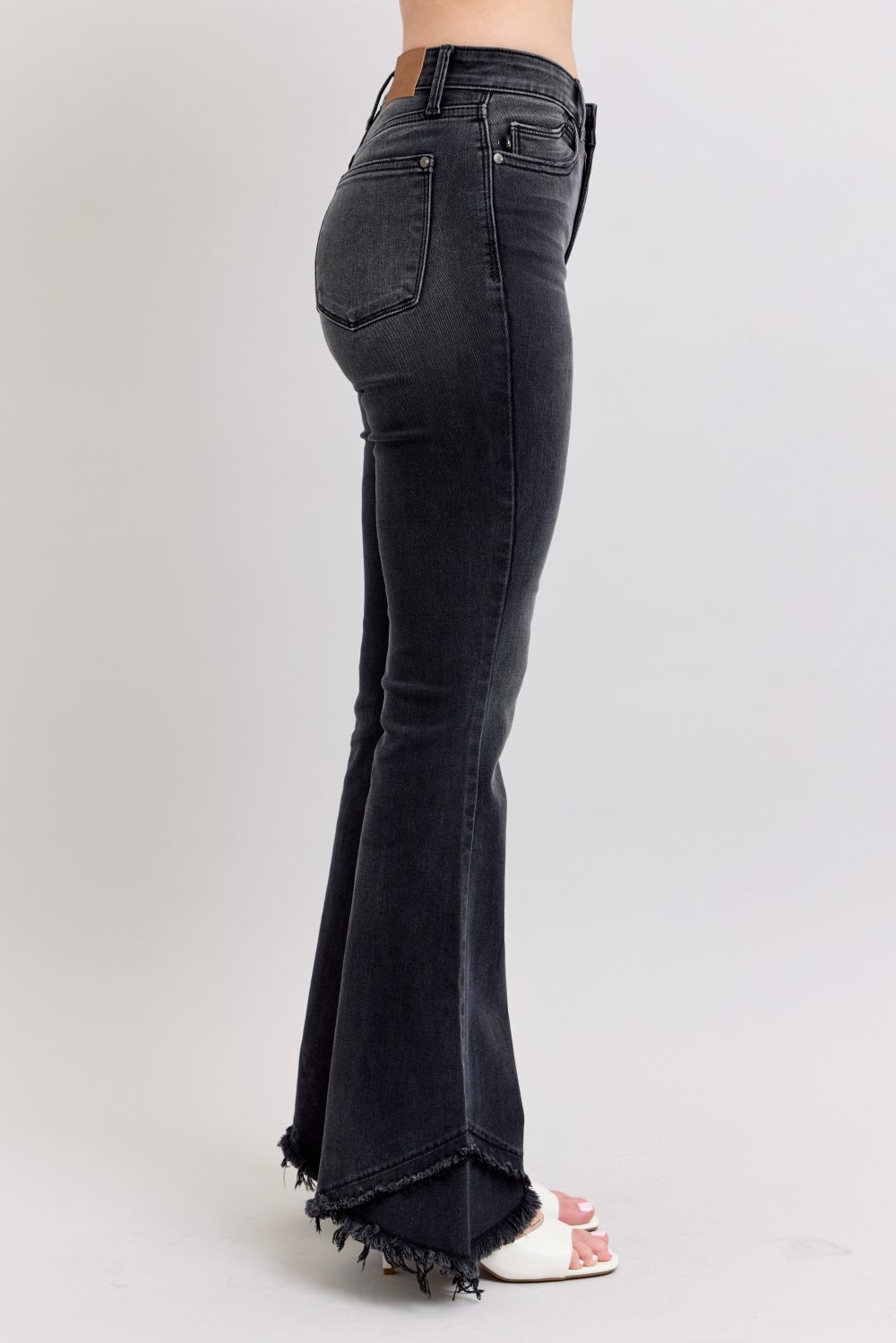 High Waisted Judy Blue Flare Jean with Mock Fray Tulip Hem Black - Image 3