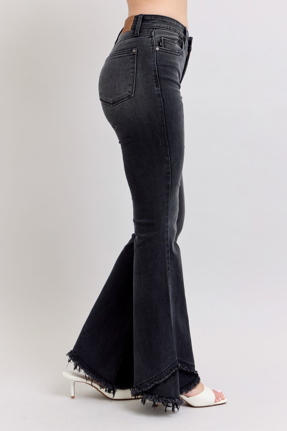 High Waisted Judy Blue Flare Jean with Mock Fray Tulip Hem Black - Image 2