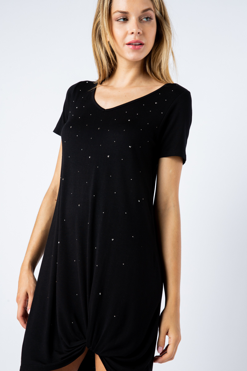 Black Pullover Dress With Twist Front and Stone Detail by Vocal