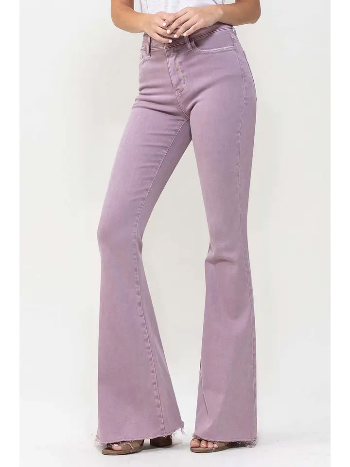 Lilac High Rise Raw Hem Stretch Super Flare Jeans by Flying Monkey