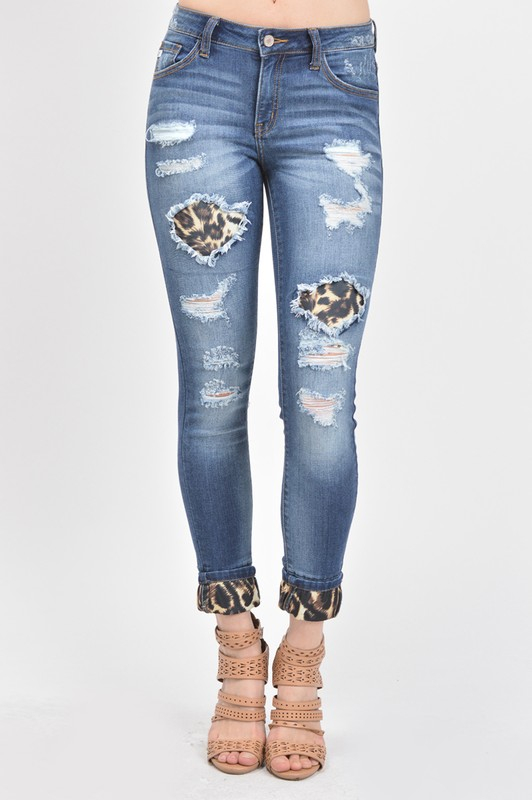 KanCan Mid Rise Leopard Patch Ankle Skinny Jean