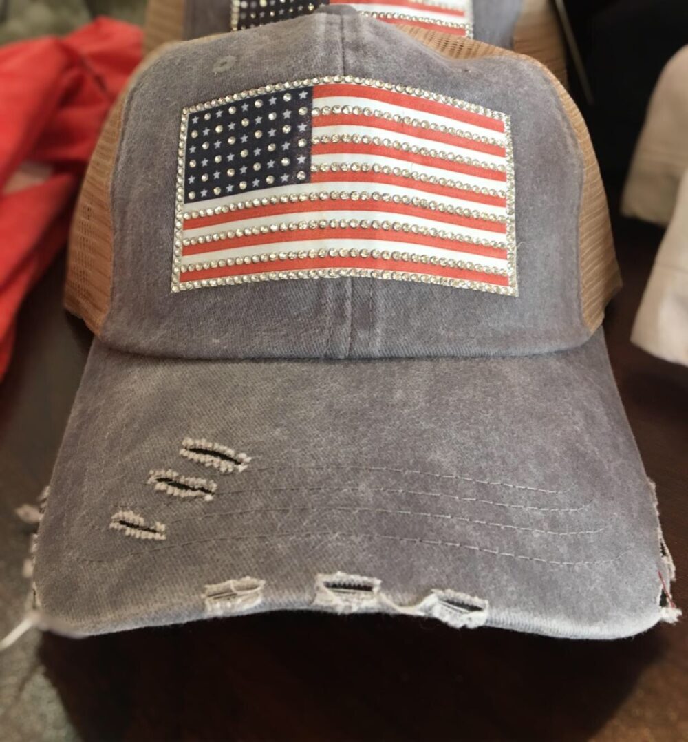 Distressed Gray Hat With Rhinestone Flag Detail