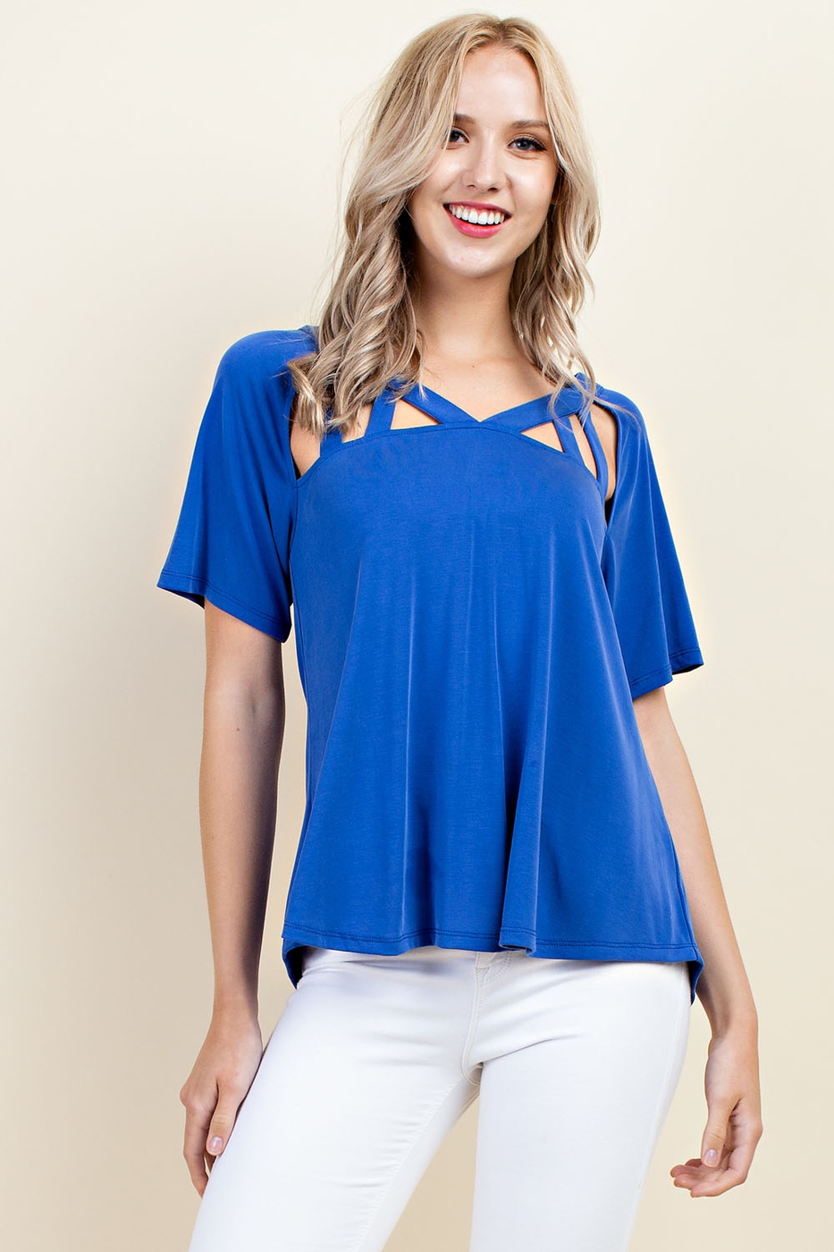 Royal Blue Short Sleeve Cage Front Detailed Top