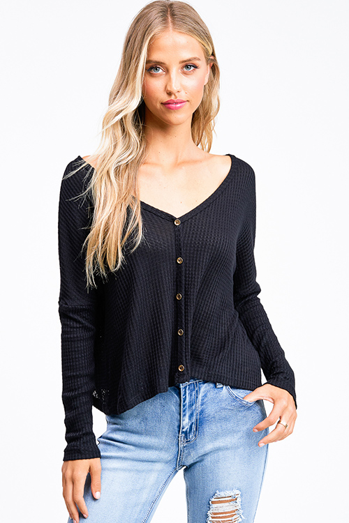 Black Thermal Knit Cropped Button Up Top