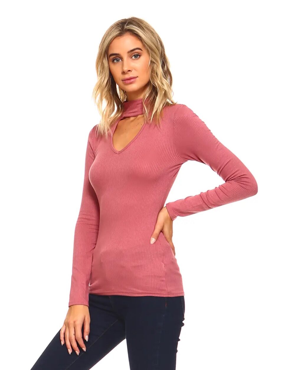 Marsala Soft Ribbed Knit Top with Choker Neckline Made in USA