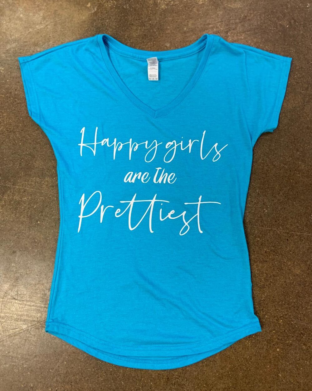 Happy Girls Are the Prettiest V Neck Blue Graphic Tee Shirt