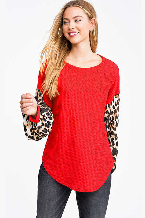 Red Thermal Top With Animal Print Sheer Sleeve
